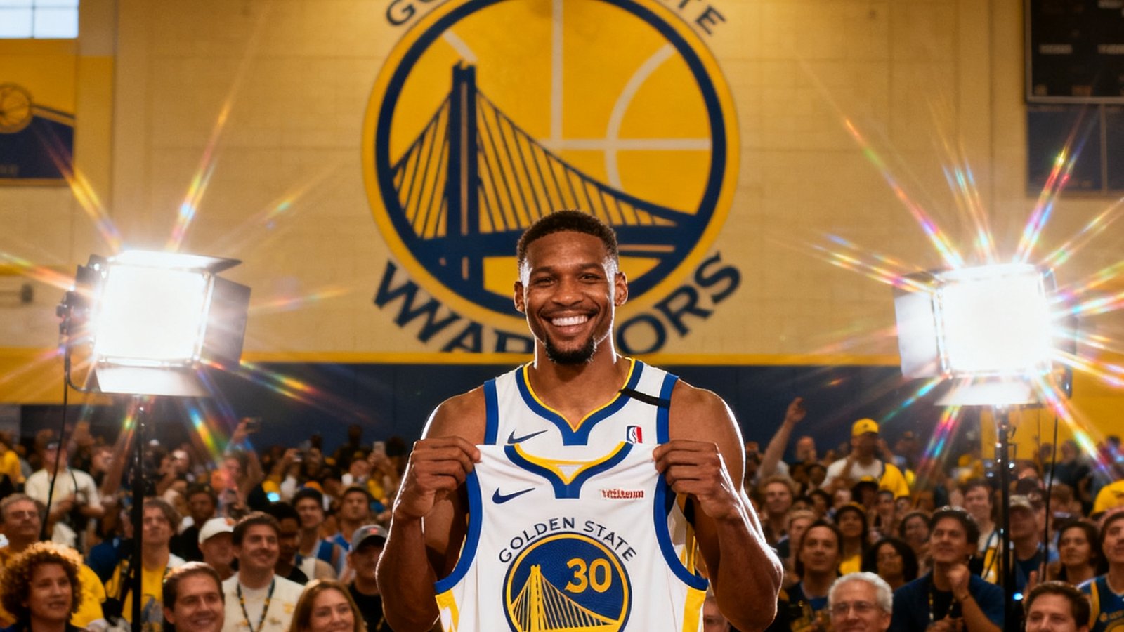 NBA转会新闻配图，球员身穿新球队球衣在新闻发布会上面带微笑展示球衣，背景是球队训练馆的巨大Logo墙，闪光灯照亮整个发布会现场