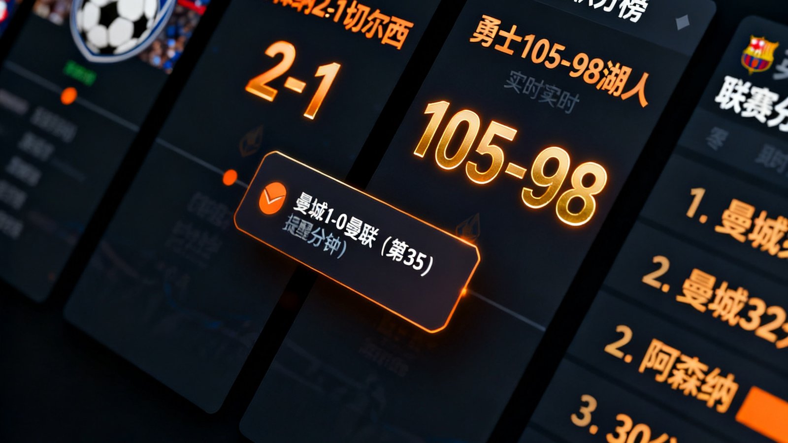 雷速比分实时赛事数据大屏展示界面，深色背景上显示多场足球篮球比赛的实时比分卡片、进球弹窗提醒和联赛积分榜，数据以高亮橙金色数字呈现