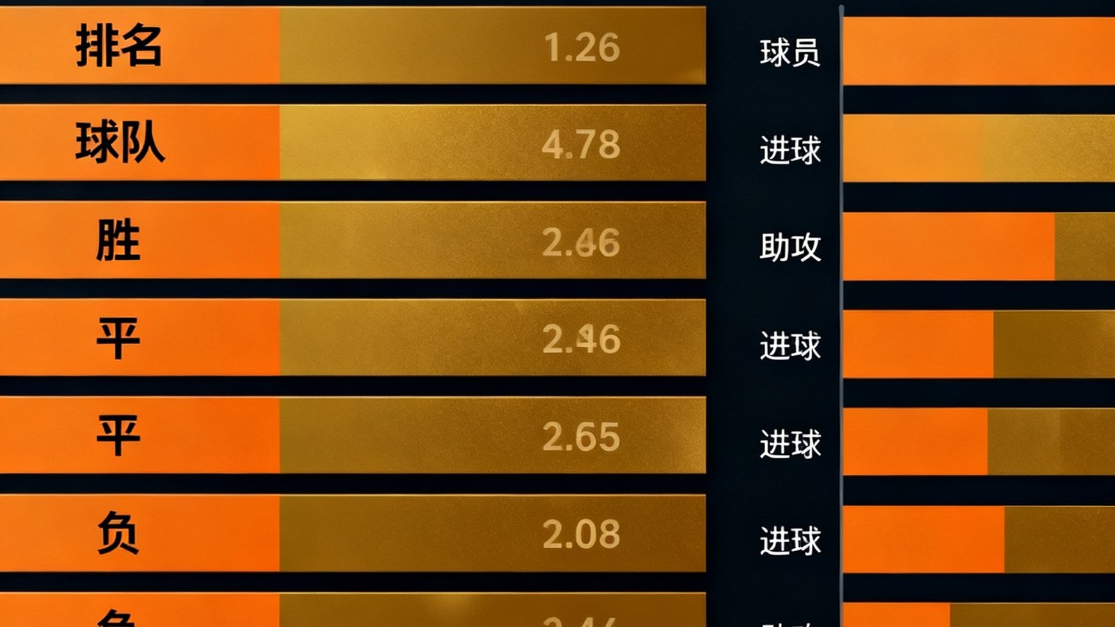 雷速比分数据统计面板展示英超赛季积分榜和射手榜，左侧为球队排名表格含胜平负积分数据，右侧为球员进球助攻数据条形图，配色为深色底配橙金色数据条